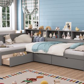 L- Shape Twin Size Bed Frame with Storage 3 Drawers
