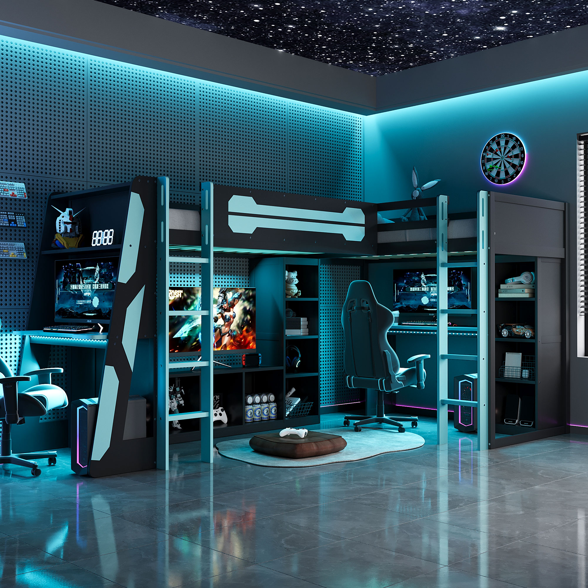 L-Shaped Wooden Twin Size Gaming Bed Frame with RGB LED Lights, Dual twin Beds, USB Ports, TV Stand & Storage Shelves