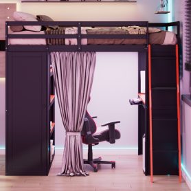 Full Size Wood Loft Bed with Wardrobe, Shelves, Blackout Curtains and RGB Lights