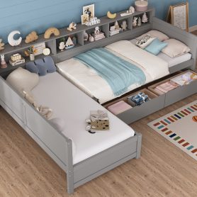 L- Shape Twin Size Bed Frame with Storage 3 Drawers