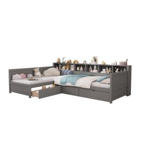 L- Shape Twin Size Bed Frame with Storage 3 Drawers