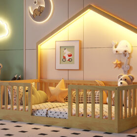 Wooden Twin Floor Bed with Light and High Rails