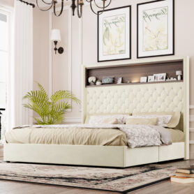 Queen Size Velvet Tufted Soft Bed Frame with USB Port and Night Light