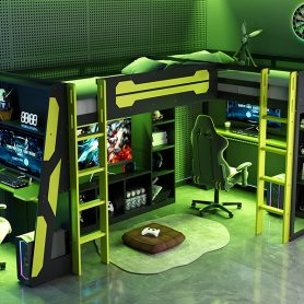 L-Shaped Wooden Twin Size Gaming Bed Frame with RGB LED Lights, Dual twin Beds, USB Ports, TV Stand & Storage Shelves