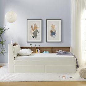 Twin Size Upholstery Velvet Day Bed with Storage Headboard and Wireless Charging