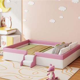 King Size Upholstered Daybed Frame with Fence and Stairs