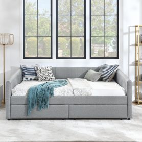 Linen Fabric Queen Size Daybed with Two Drawers