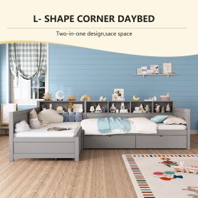 L- Shape Twin Size Bed Frame with Storage 3 Drawers