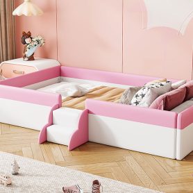 Twin Size Upholstered Daybed Frame with Fence and Stairs