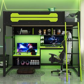 Full Size Wood Loft Bed with Desk, Shelves, LED Lights, USB Ports and Pegboard