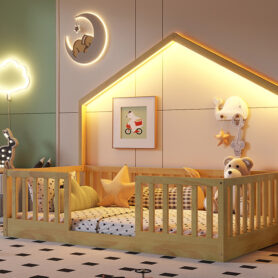 Wooden Twin Floor Bed with Light and High Rails