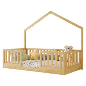 Wooden Twin Floor Bed with Light and High Rails