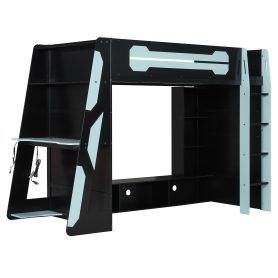 Twin Size Wood Loft Bed with Desk, Multi-storage Shelves and RGB Light