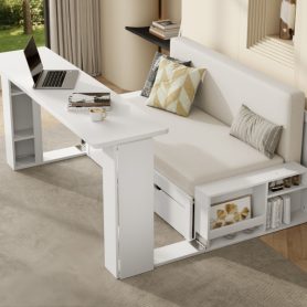 Full Size Daybed with Removable Desk, Storage Drawers & Hydraulic Side Table