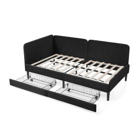Twin Size Upholstered Platform Bed Frame With 2 Storage Drawers