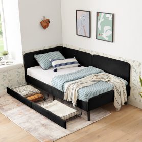 Twin Size Upholstered Platform Bed Frame With 2 Storage Drawers