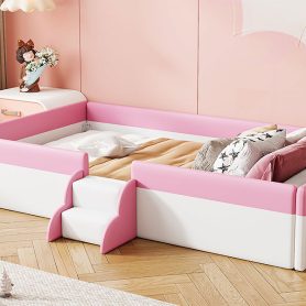 Twin Size Upholstered Daybed Frame with Fence and Stairs