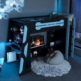Twin Size Wood Loft Bed with Desk, Multi-storage Shelves and RGB Light