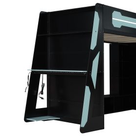 Twin Size Wood Loft Bed with Desk, Multi-storage Shelves and RGB Light