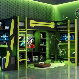 L-Shaped Wooden Twin Size Gaming Bed Frame with RGB LED Lights, Dual twin Beds, USB Ports, TV Stand & Storage Shelves