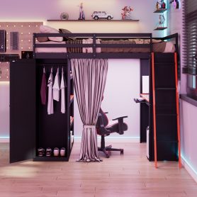 Full Size Wood Loft Bed with Wardrobe, Shelves, Blackout Curtains and RGB Lights