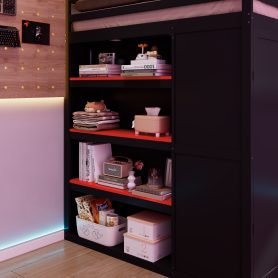 Full Size Wood Loft Bed with Wardrobe, Shelves, Blackout Curtains and RGB Lights