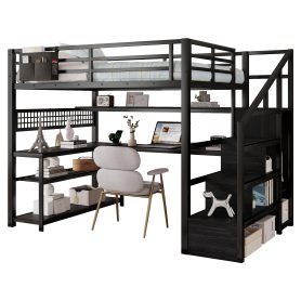 Metal Full Loft Bed With Staircase, Wardrobe, Desk, Storage Shelves, LED Lights and Charge Station
