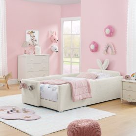Twin Size Platform Bed with Cute Rabbit Ear Shaped Headboard