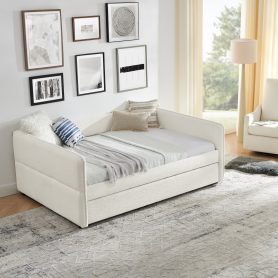 Boucle Fabric Full Size Daybed With Trundle