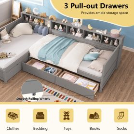 L- Shape Twin Size Bed Frame with Storage 3 Drawers