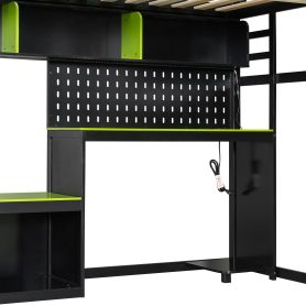 Full Size Wood Loft Bed with Desk, Shelves, LED Lights, USB Ports and Pegboard