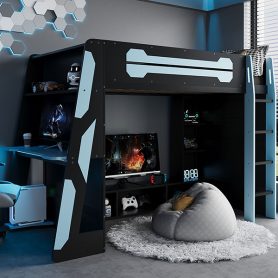 Twin Size Wood Loft Bed with Desk, Multi-storage Shelves and RGB Light