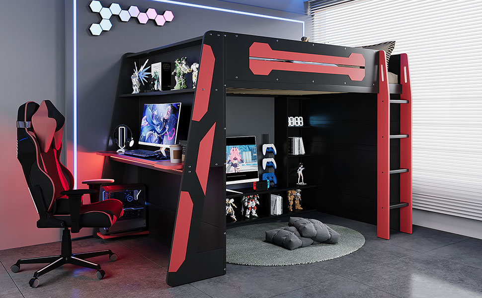 Full Size Wood Loft Bed with Desk, Multi-storage Shelves and RGB Light 19 Full Size Wood Loft Bed with Desk, Multi-storage Shelves and RGB Light