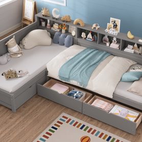 L- Shape Twin Size Bed Frame with Storage 3 Drawers