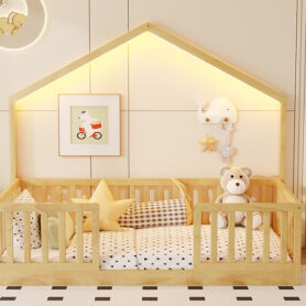 Wooden Twin Floor Bed with Light and High Rails