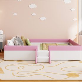 King Size Upholstered Daybed Frame with Fence and Stairs