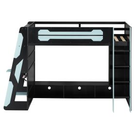 Twin Size Wood Loft Bed with Desk, Multi-storage Shelves and RGB Light