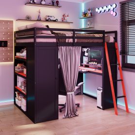 Full Size Wood Loft Bed with Wardrobe, Shelves, Blackout Curtains and RGB Lights