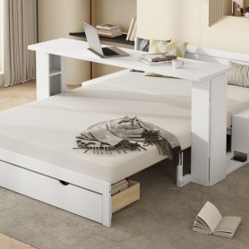 Full Size Daybed with Removable Desk, Storage Drawers & Hydraulic Side Table