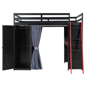 Full Size Wood Loft Bed with Wardrobe, Shelves, Blackout Curtains and RGB Lights