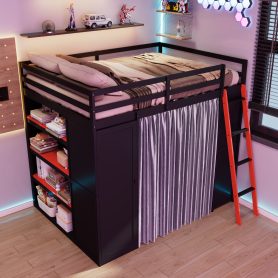 Full Size Wood Loft Bed with Wardrobe, Shelves, Blackout Curtains and RGB Lights