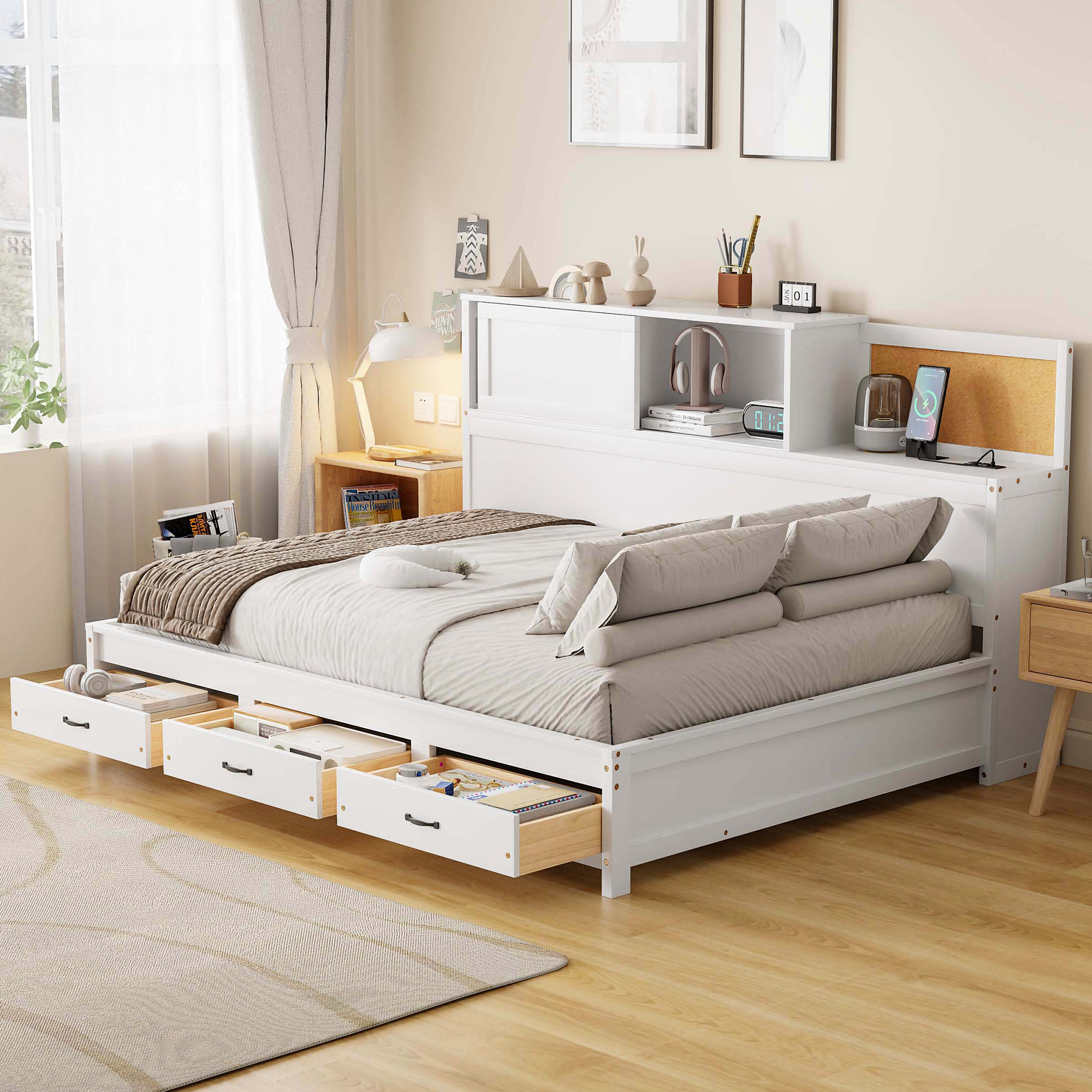 Wooden Twin Size Daybed with 3 Storage Drawers, Upper Soft Board, Shelf, and a Set of Sockets and USB Ports