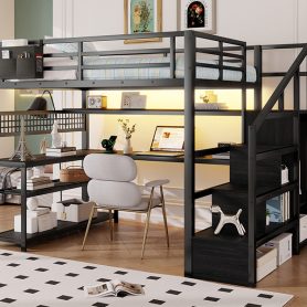 Metal Full Loft Bed With Staircase, Wardrobe, Desk, Storage Shelves, LED Lights and Charge Station