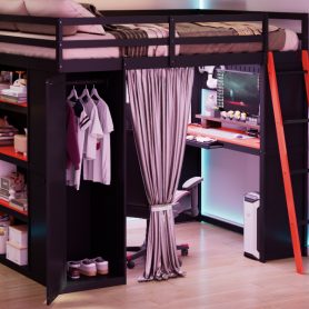 Full Size Wood Loft Bed with Wardrobe, Shelves, Blackout Curtains and RGB Lights