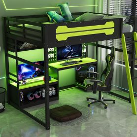 Full Size Wood Loft Bed with Desk, Shelves, LED Lights, USB Ports and Pegboard