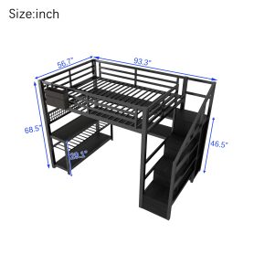 Metal Full Loft Bed With Staircase, Wardrobe, Desk, Storage Shelves, LED Lights and Charge Station