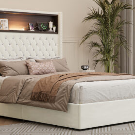 Full Size Velvet Tufted Soft Bed Frame with USB Port and Night Light