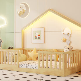 Wooden Twin Floor Bed with Light and High Rails