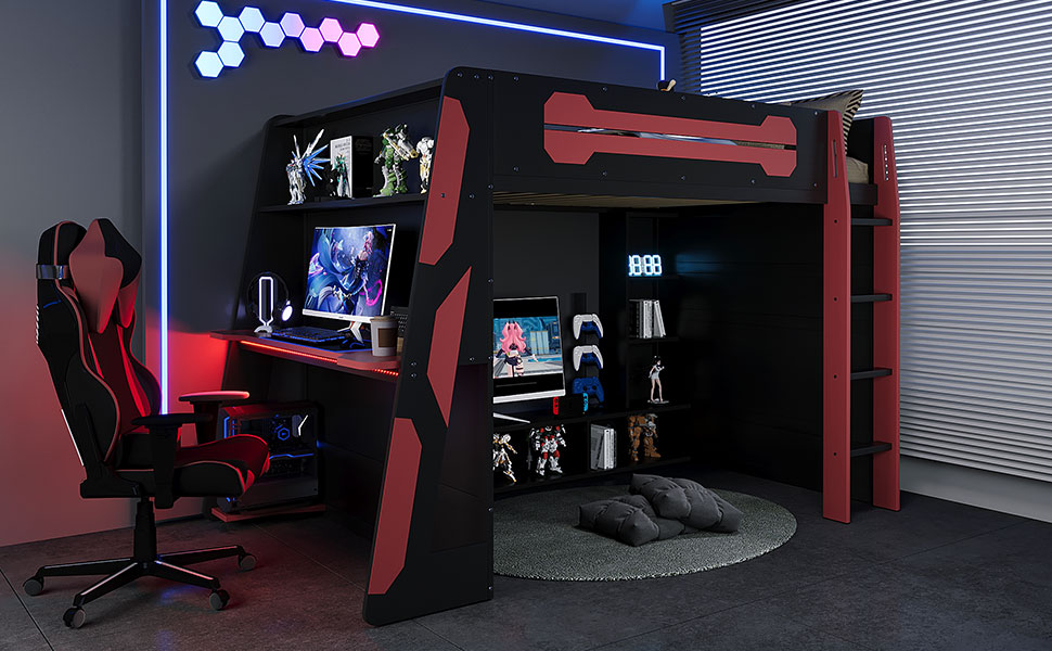 Full Size Wood Loft Bed with Desk, Multi-storage Shelves and RGB Light 21 Full Size Wood Loft Bed with Desk, Multi-storage Shelves and RGB Light