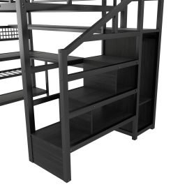 Metal Full Loft Bed With Staircase, Wardrobe, Desk, Storage Shelves, LED Lights and Charge Station
